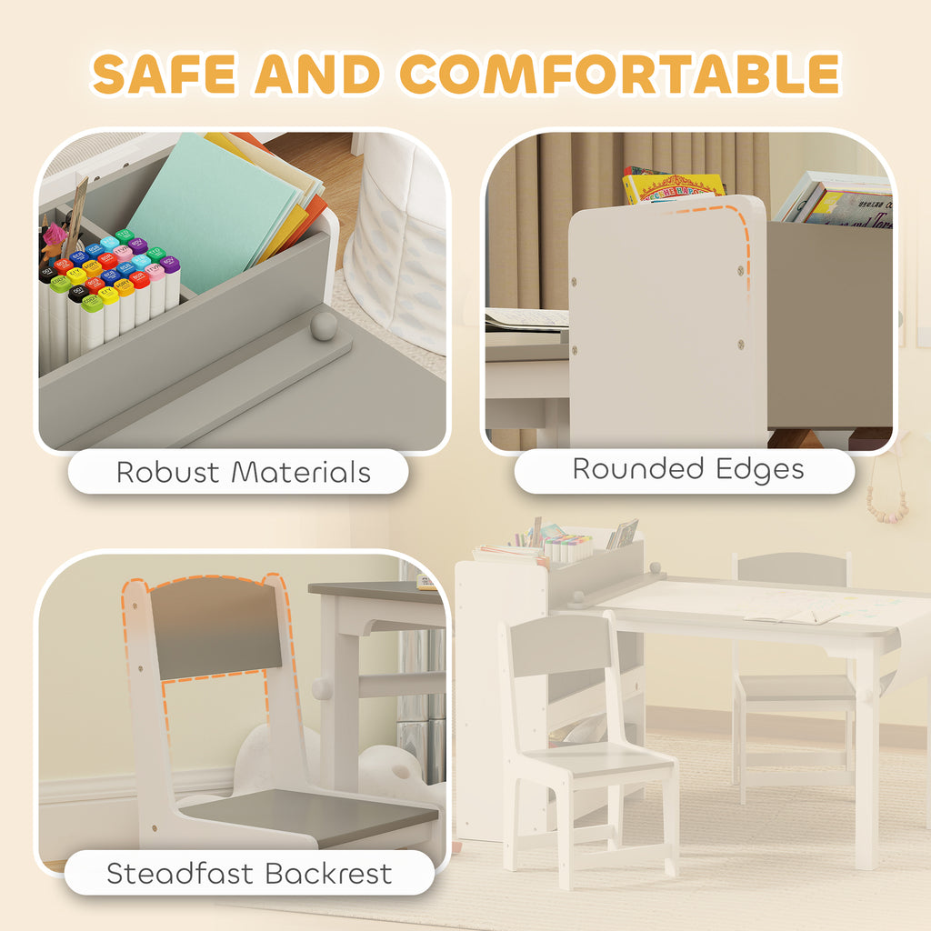Kids Desk and Chair Set with Paper Roll, Kids Activity Craft Table with Storage Shelves and Drawers, Gray