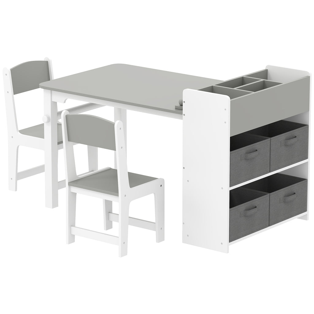 Kids Desk and Chair Set with Paper Roll, Kids Activity Craft Table with Storage Shelves and Drawers, Gray