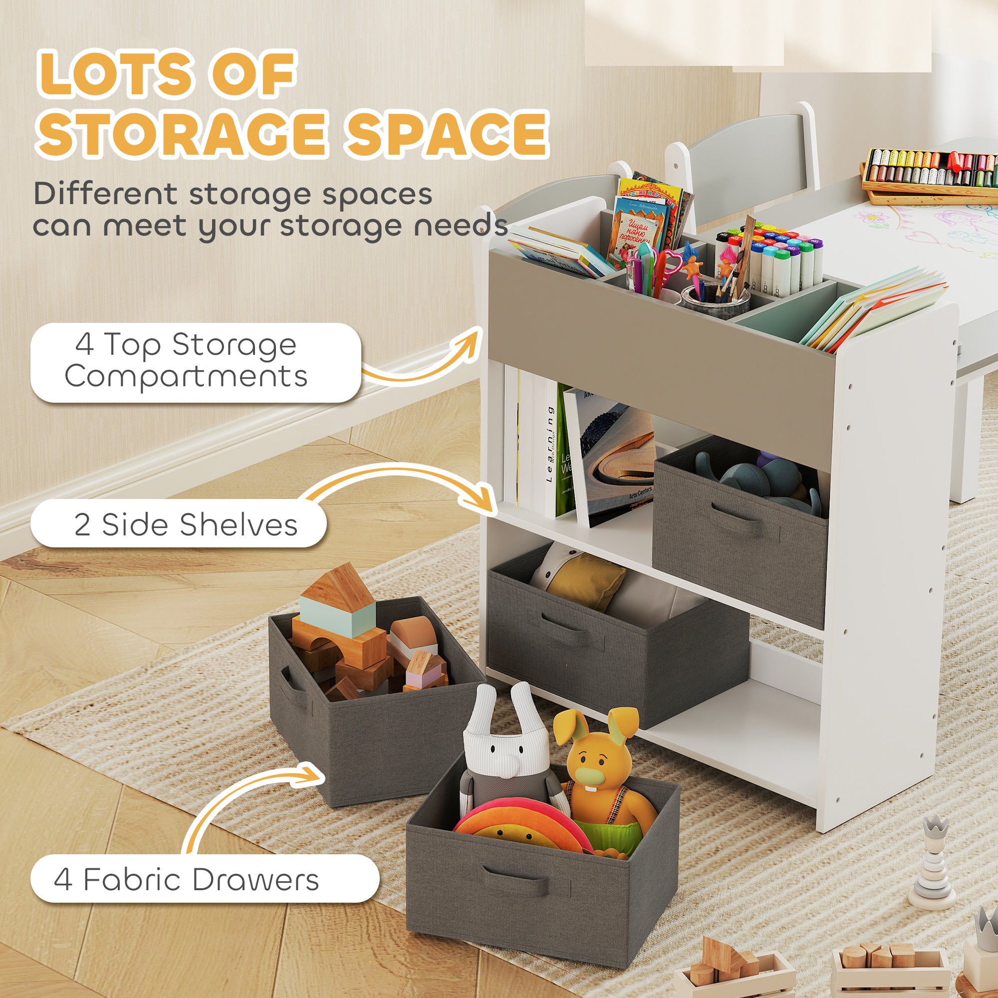 Kids Desk and Chair Set with Paper Roll, Kids Activity Craft Table with Storage Shelves and Drawers, Gray