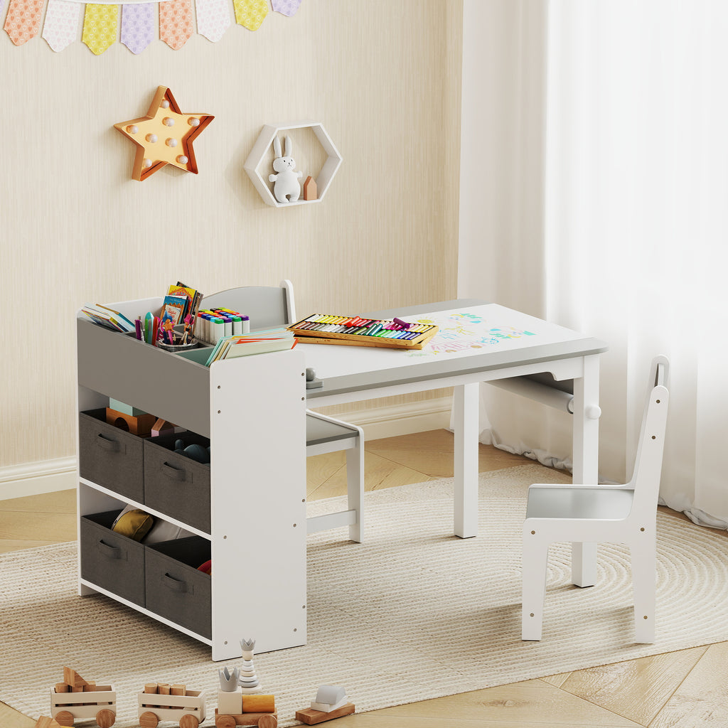 Kids Desk and Chair Set with Paper Roll, Kids Activity Craft Table with Storage Shelves and Drawers, Gray
