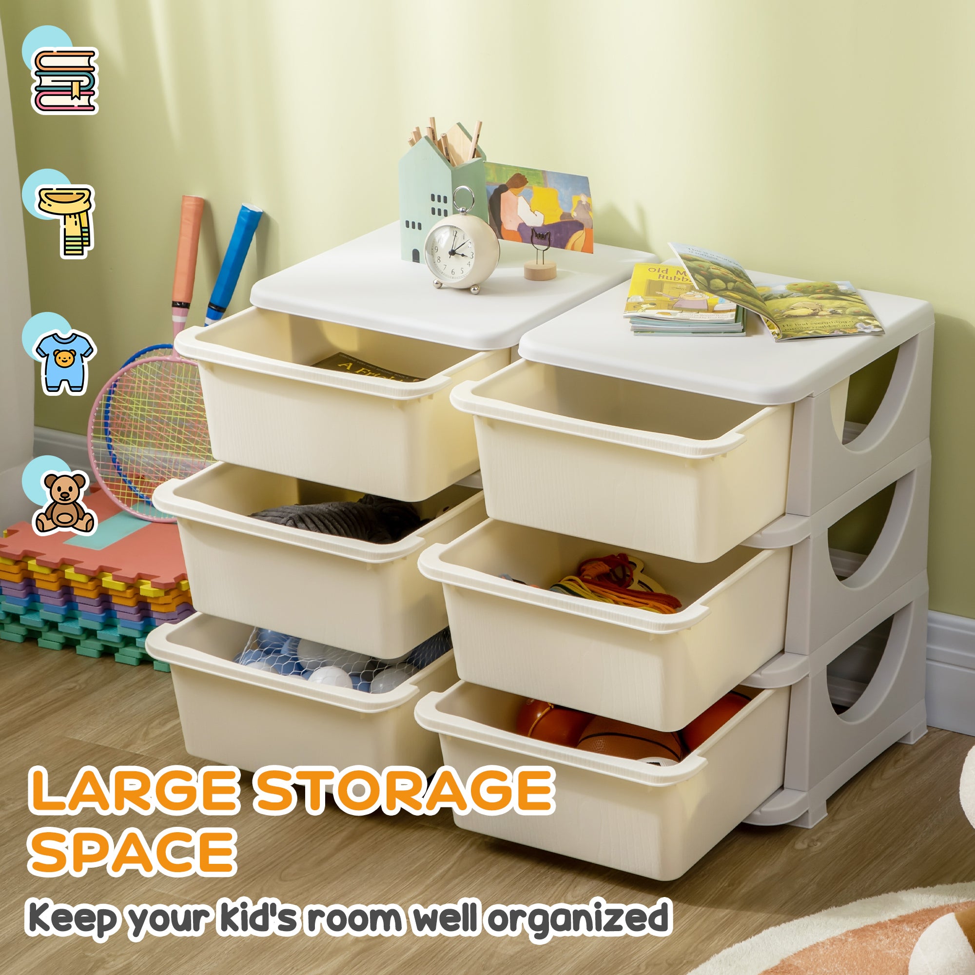 Kids Storage Unit, With Six Drawers - Cream