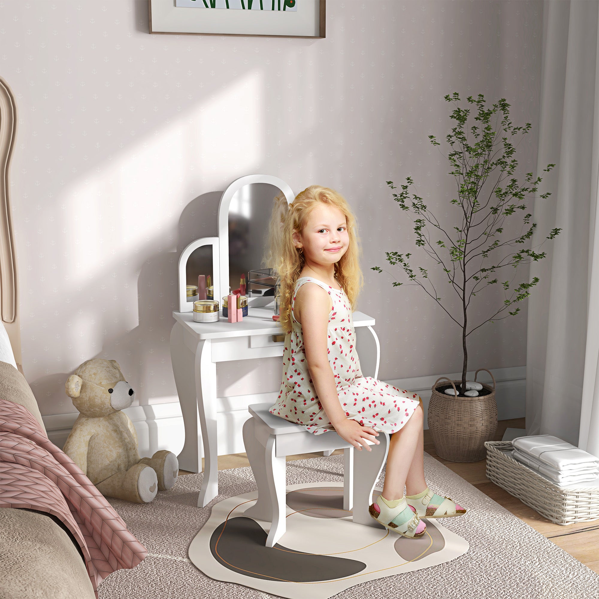 Kids Dressing Table Set, With Mirror And Drawer - White